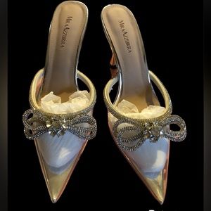 High heeled mules, pointed toe rhinestone stiletto